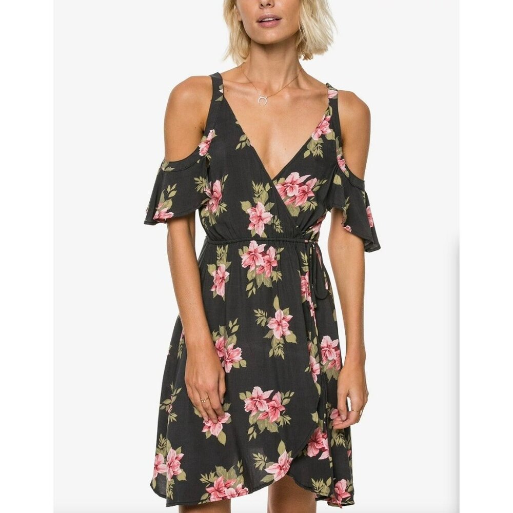 NEW $54 O'Neill Womens Large Charcoal Gray Floral Print Cold Shoulder Wrap Dress - Picture 3 of 12